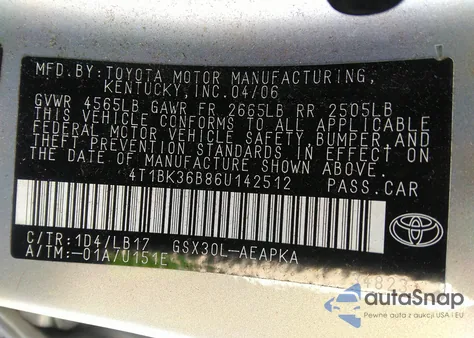 2006 Toyota Avalon Limited z USA, uszkodzony, nr VIN 4T1BK36B86U142512